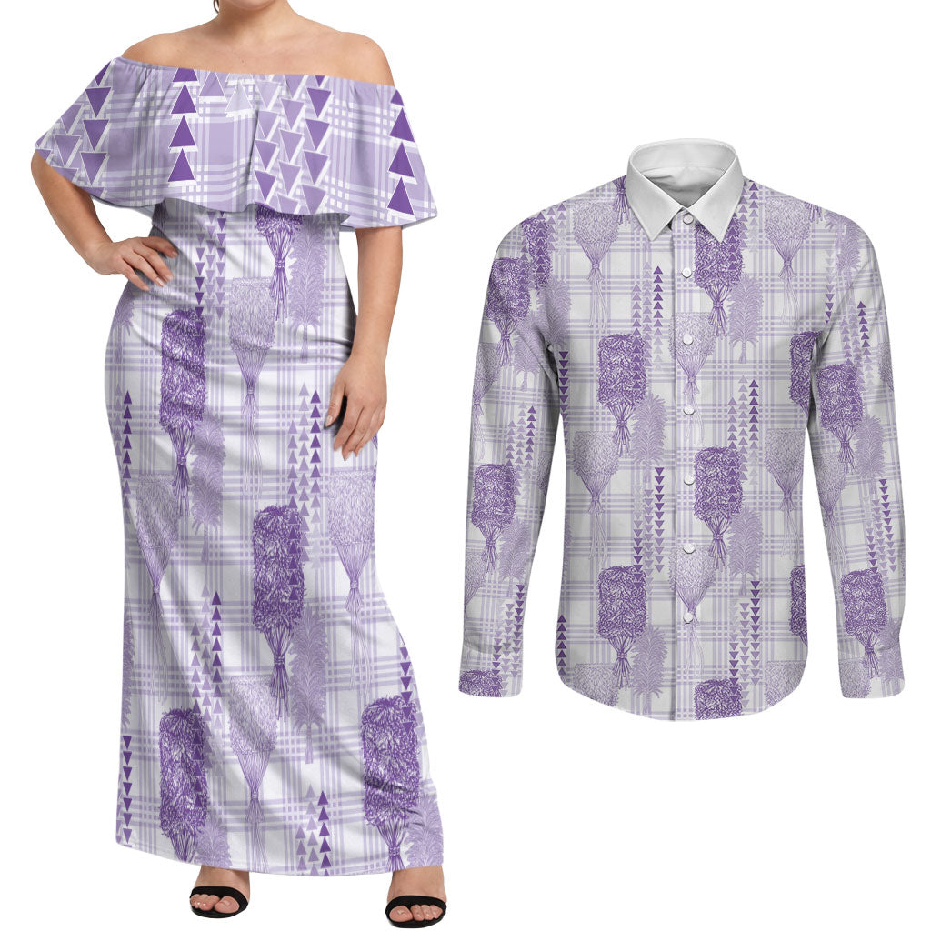 Aloha Hawaii Vintage Kahili Pa'a Lima Couples Matching Off Shoulder Maxi Dress and Long Sleeve Button Shirt Palaka Print Pastel Lavender