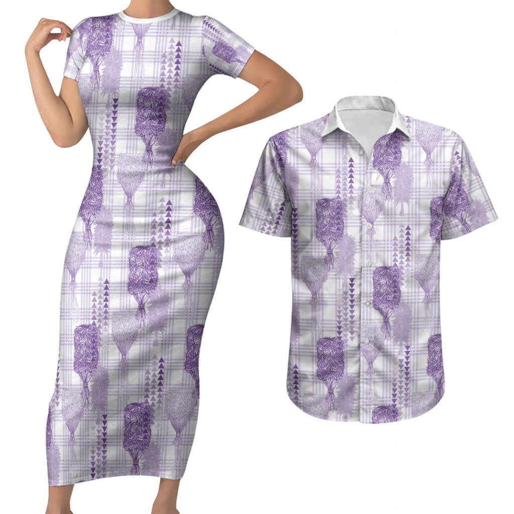 Aloha Hawaii Vintage Kahili Pa'a Lima Couples Matching Short Sleeve Bodycon Dress and Hawaiian Shirt Palaka Print Pastel Lavender LT7 Lavender - Polynesian Pride