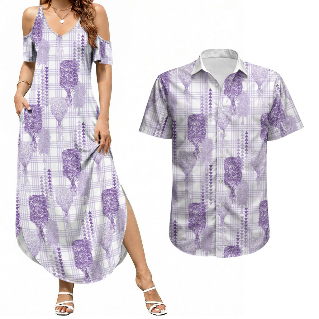 Aloha Hawaii Vintage Kahili Pa'a Lima Couples Matching Summer Maxi Dress and Hawaiian Shirt Palaka Print Pastel Lavender