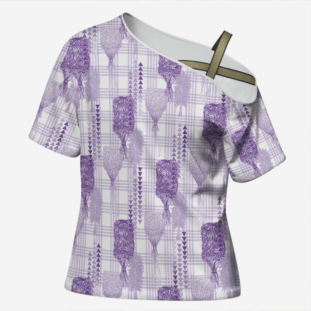 Aloha Hawaii Vintage Kahili Pa'a Lima Cross Shoulder Shirt Palaka Print Pastel Lavender