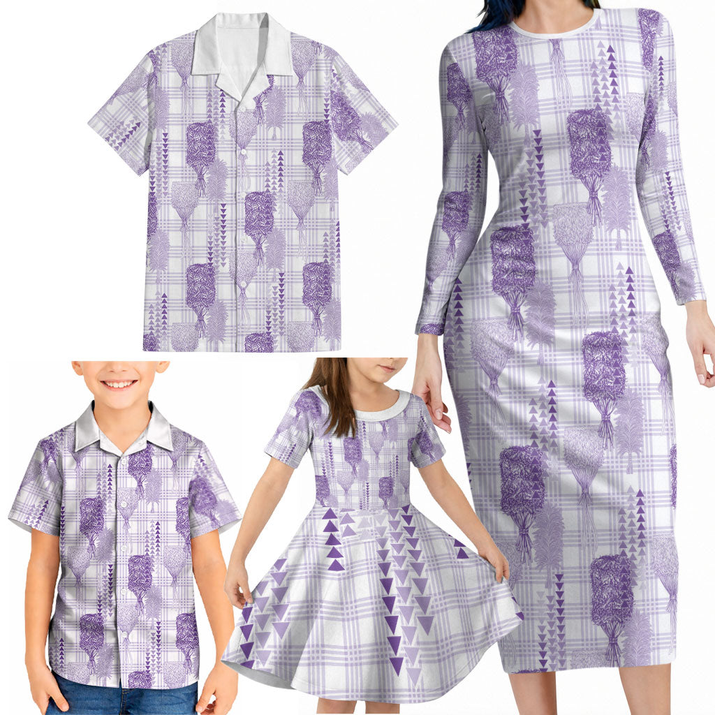 Aloha Hawaii Vintage Kahili Pa'a Lima Family Matching Long Sleeve Bodycon Dress and Hawaiian Shirt Palaka Print Pastel Lavender LT7 - Polynesian Pride