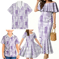 Aloha Hawaii Vintage Kahili Pa'a Lima Family Matching Mermaid Dress and Hawaiian Shirt Palaka Print Pastel Lavender