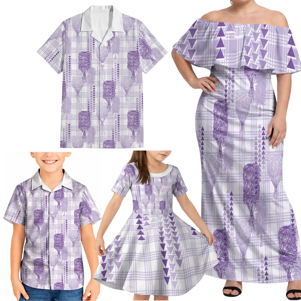 Aloha Hawaii Vintage Kahili Pa'a Lima Family Matching Off Shoulder Maxi Dress and Hawaiian Shirt Palaka Print Pastel Lavender