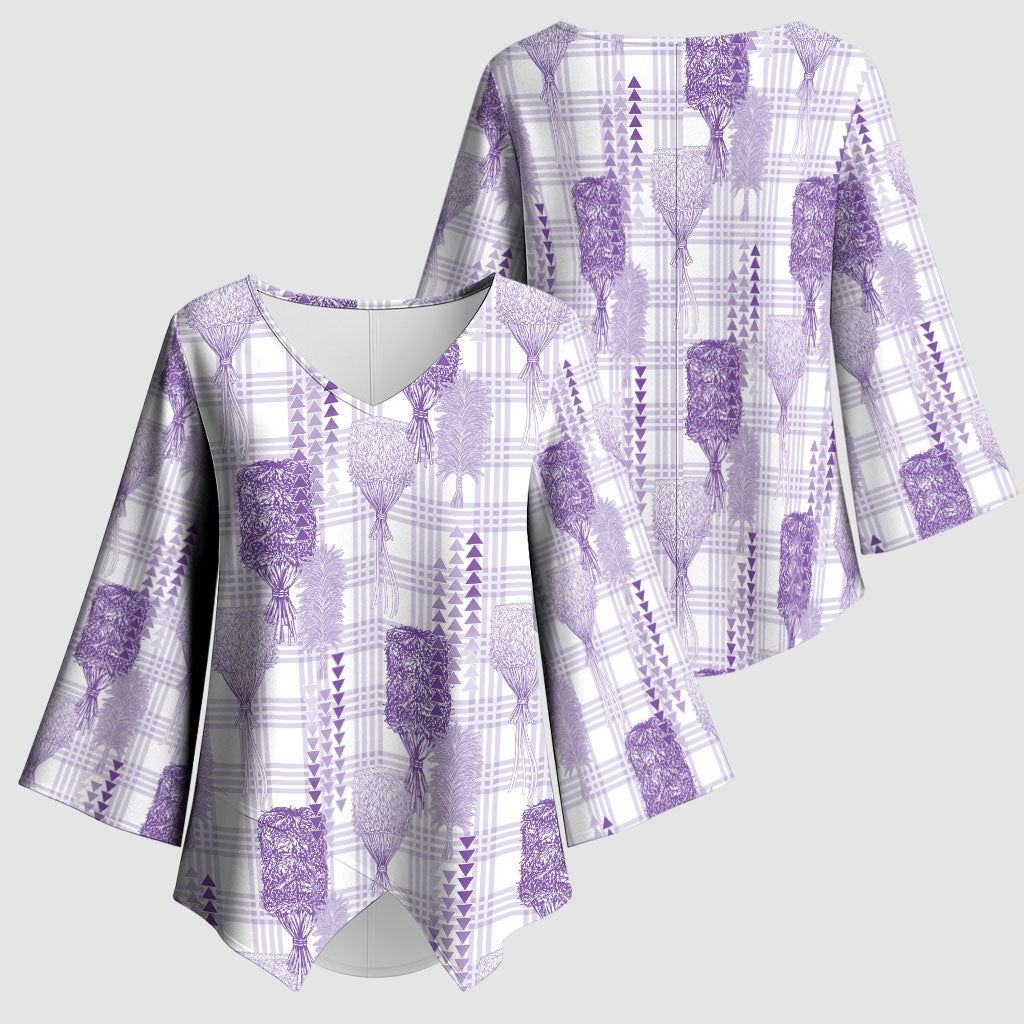Aloha Hawaii Vintage Kahili Pa'a Lima Kimono Sleeve Blouse Palaka Print Pastel Lavender