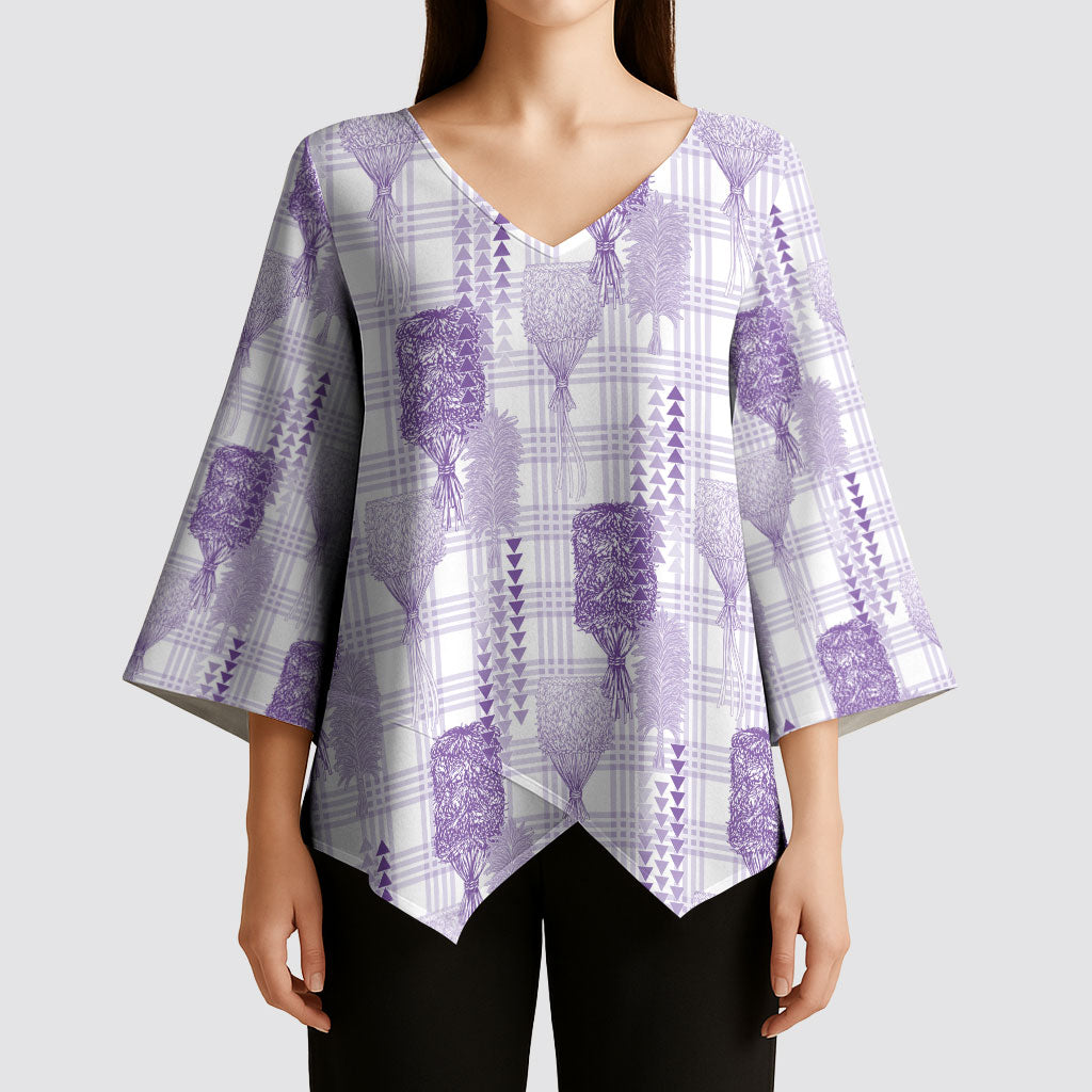 Aloha Hawaii Vintage Kahili Pa'a Lima Kimono Sleeve Blouse Palaka Print Pastel Lavender