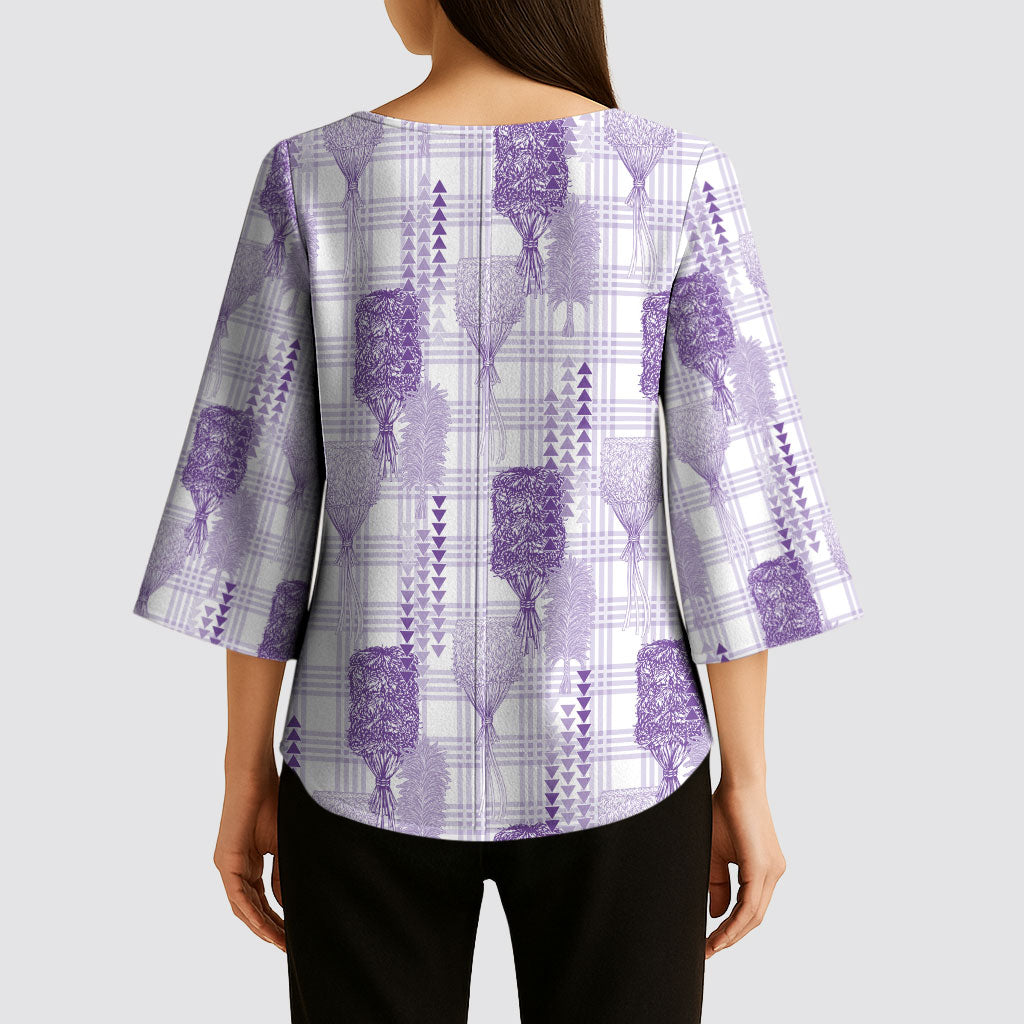 Aloha Hawaii Vintage Kahili Pa'a Lima Kimono Sleeve Blouse Palaka Print Pastel Lavender