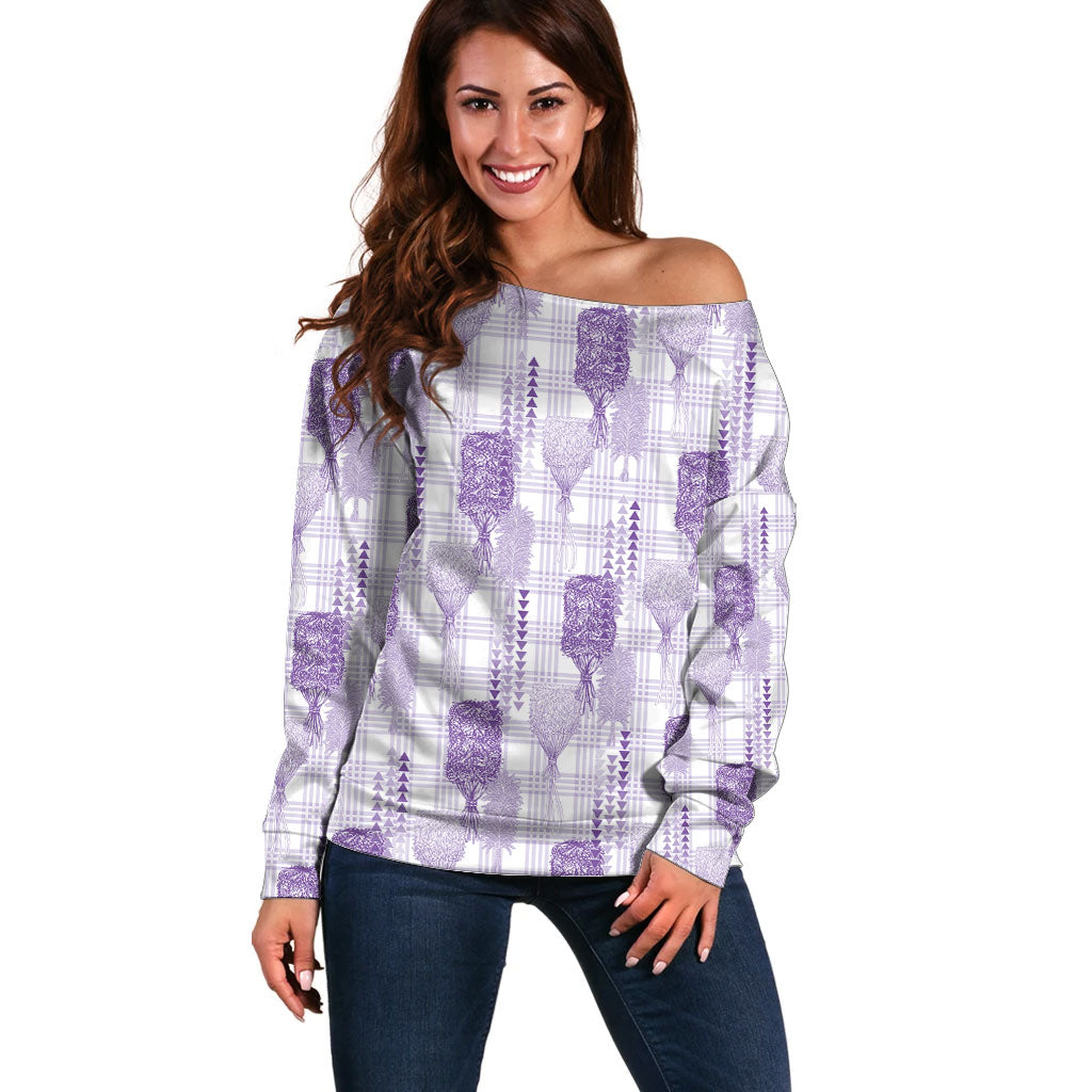 Aloha Hawaii Vintage Kahili Pa'a Lima Off Shoulder Sweater Palaka Print Pastel Lavender