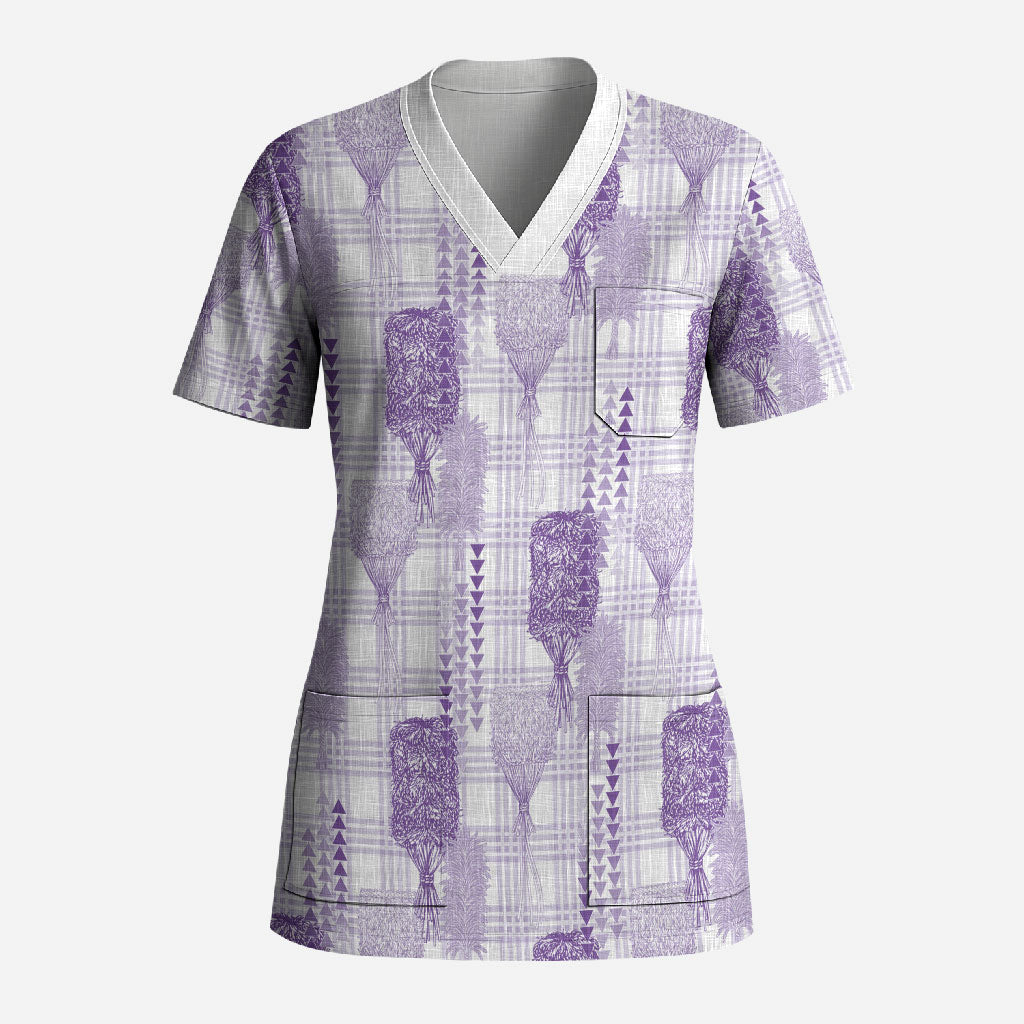 Aloha Hawaii Vintage Kahili Pa'a Lima Scrub Top Palaka Print Pastel Lavender