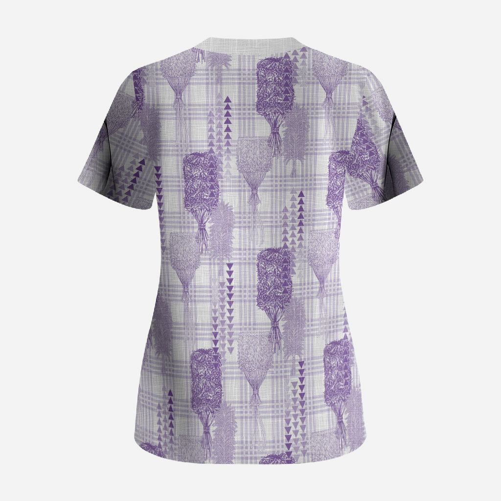 Aloha Hawaii Vintage Kahili Pa'a Lima Scrub Top Palaka Print Pastel Lavender