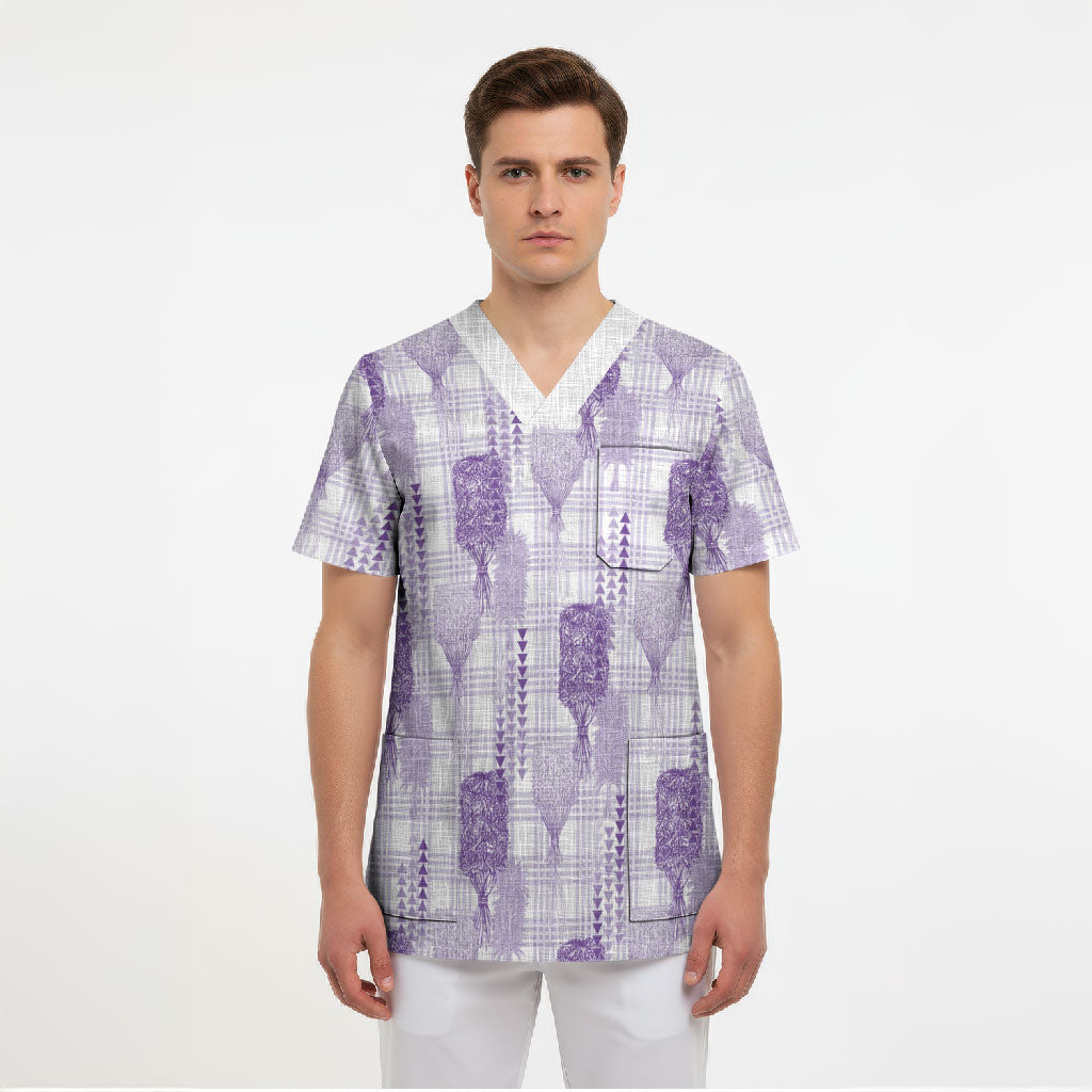 Aloha Hawaii Vintage Kahili Pa'a Lima Scrub Top Palaka Print Pastel Lavender