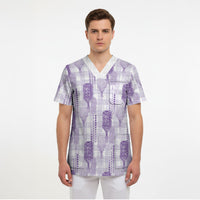 Aloha Hawaii Vintage Kahili Pa'a Lima Scrub Top Palaka Print Pastel Lavender