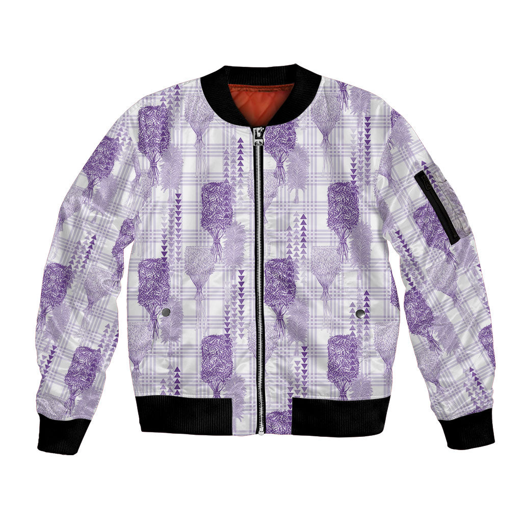 Aloha Hawaii Vintage Kahili Pa'a Lima Sleeve Zip Bomber Jacket Palaka Print Pastel Lavender LT7 Unisex Lavender - Polynesian Pride