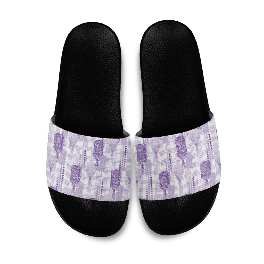 Aloha Hawaii Vintage Kahili Pa'a Lima Slide Sandals Palaka Print Pastel Lavender