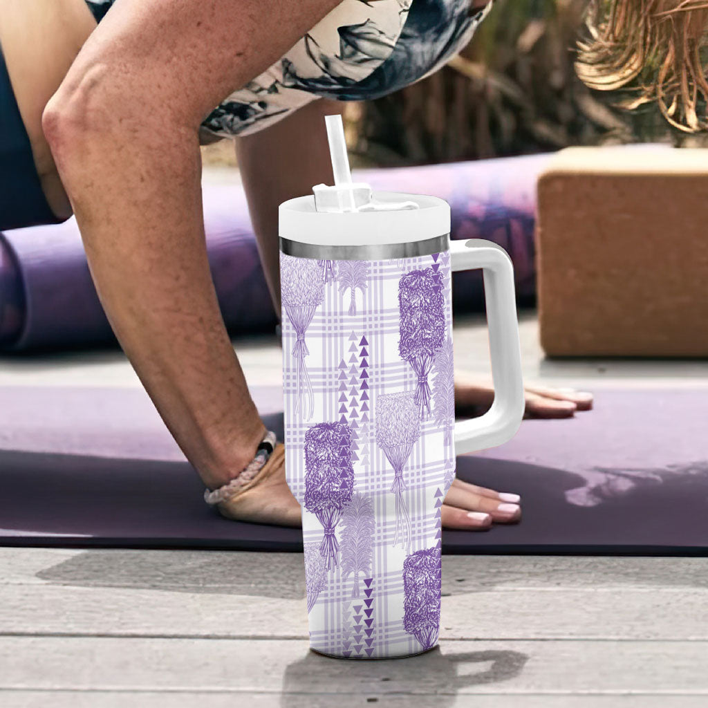 Aloha Hawaii Vintage Kahili Pa'a Lima Tumbler With Handle Palaka Print Pastel Lavender