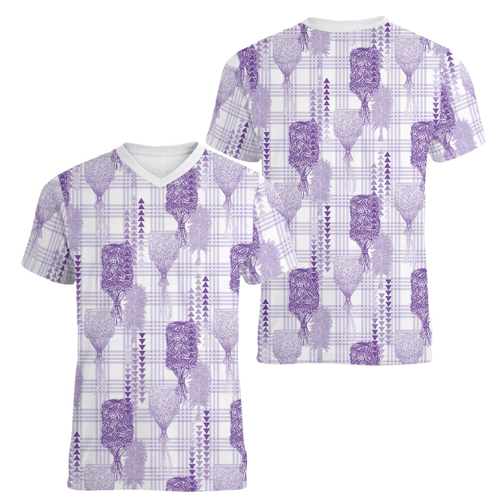 Aloha Hawaii Vintage Kahili Pa'a Lima Women V-Neck T-Shirt Palaka Print Pastel Lavender