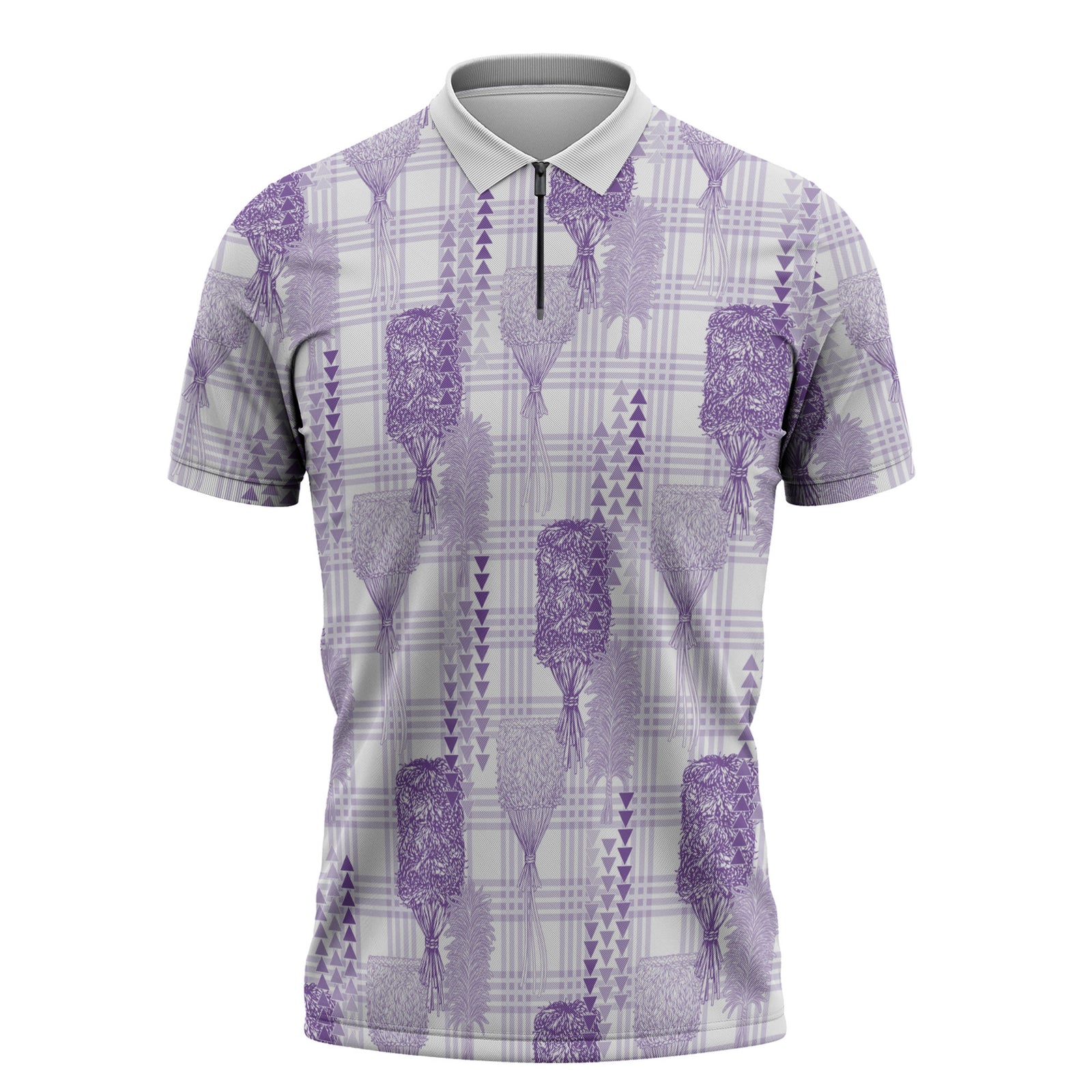 Aloha Hawaii Vintage Kahili Pa'a Lima Zipper Polo Shirt Palaka Print Pastel Lavender