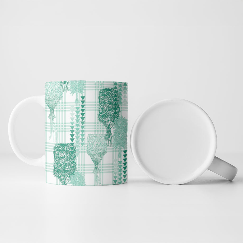 Aloha Hawaii Vintage Kahili Pa'a Lima Ceramic Mug Palaka Print Mossy Teal