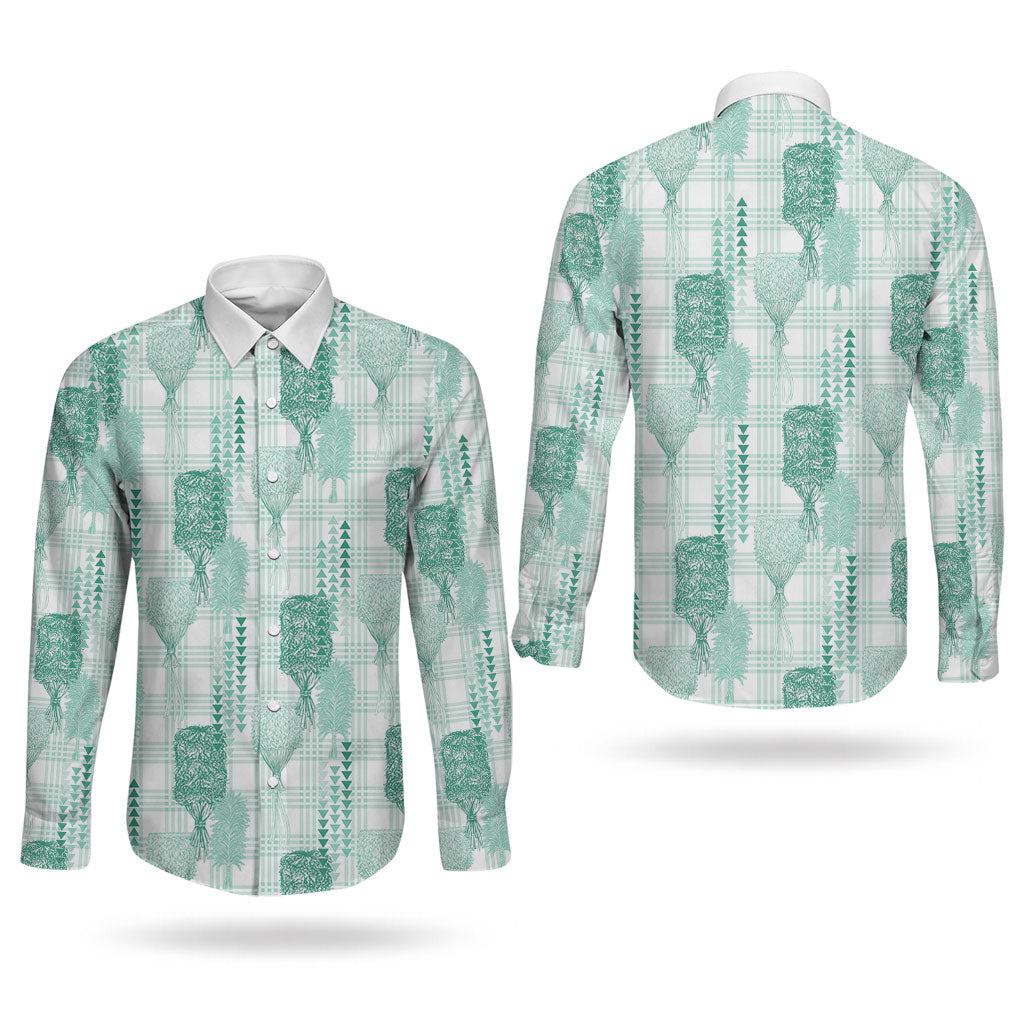 Aloha Hawaii Vintage Kahili Pa'a Lima Couples Matching Long Sleeve Bodycon Dress and Long Sleeve Button Shirt Palaka Print Mossy Teal