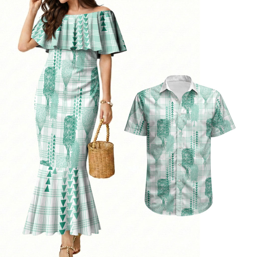 Aloha Hawaii Vintage Kahili Pa'a Lima Couples Matching Mermaid Dress and Hawaiian Shirt Palaka Print Mossy Teal