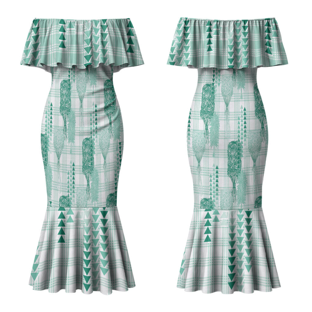 Aloha Hawaii Vintage Kahili Pa'a Lima Couples Matching Mermaid Dress and Hawaiian Shirt Palaka Print Mossy Teal
