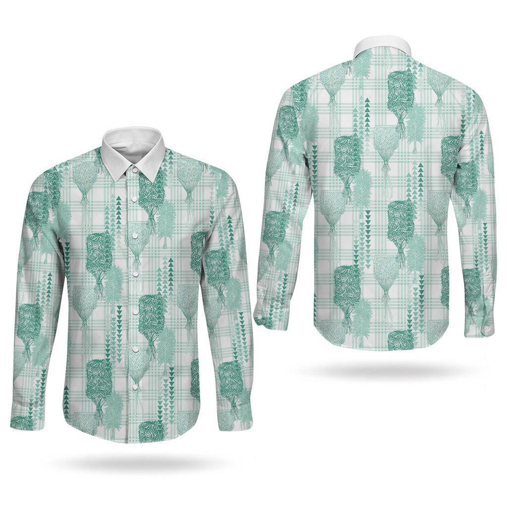 Aloha Hawaii Vintage Kahili Pa'a Lima Couples Matching Off Shoulder Maxi Dress and Long Sleeve Button Shirt Palaka Print Mossy Teal