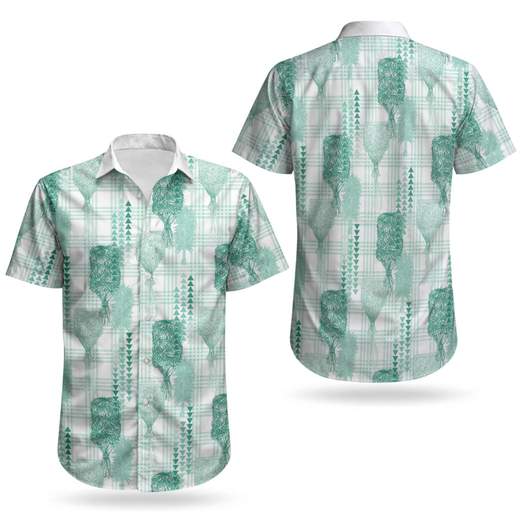 Aloha Hawaii Vintage Kahili Pa'a Lima Couples Matching Off Shoulder Short Dress and Hawaiian Shirt Palaka Print Mossy Teal