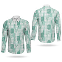 Aloha Hawaii Vintage Kahili Pa'a Lima Couples Matching Off The Shoulder Long Sleeve Dress and Long Sleeve Button Shirt Palaka Print Mossy Teal