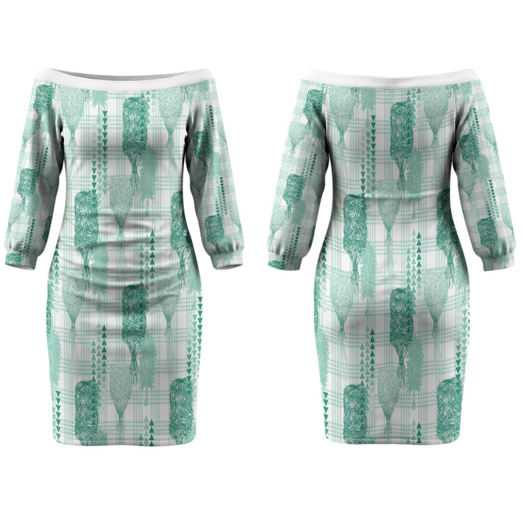 Aloha Hawaii Vintage Kahili Pa'a Lima Couples Matching Off The Shoulder Long Sleeve Dress and Long Sleeve Button Shirt Palaka Print Mossy Teal