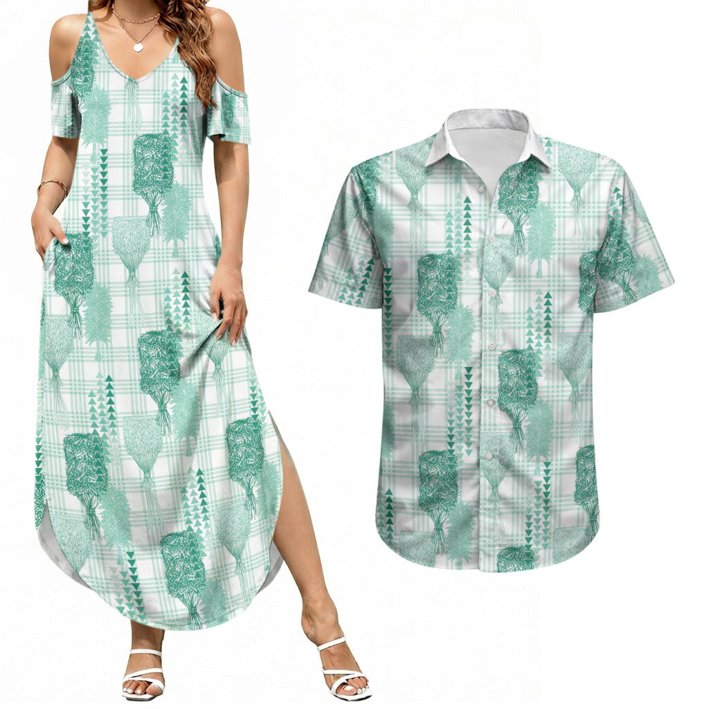 Aloha Hawaii Vintage Kahili Pa'a Lima Couples Matching Summer Maxi Dress and Hawaiian Shirt Palaka Print Mossy Teal