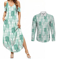 Aloha Hawaii Vintage Kahili Pa'a Lima Couples Matching Summer Maxi Dress and Long Sleeve Button Shirt Palaka Print Mossy Teal