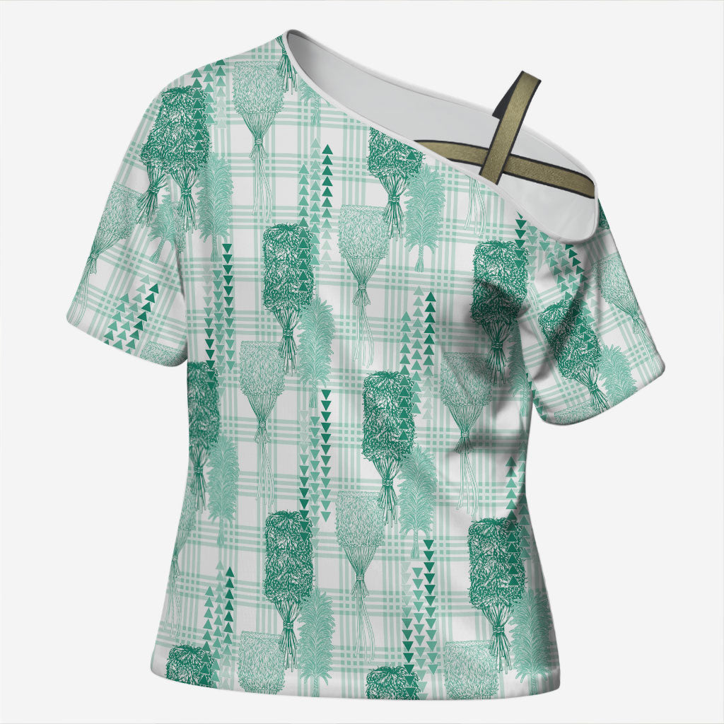 Aloha Hawaii Vintage Kahili Pa'a Lima Cross Shoulder Shirt Palaka Print Mossy Teal LT7 Female Mossy Teal - Polynesian Pride