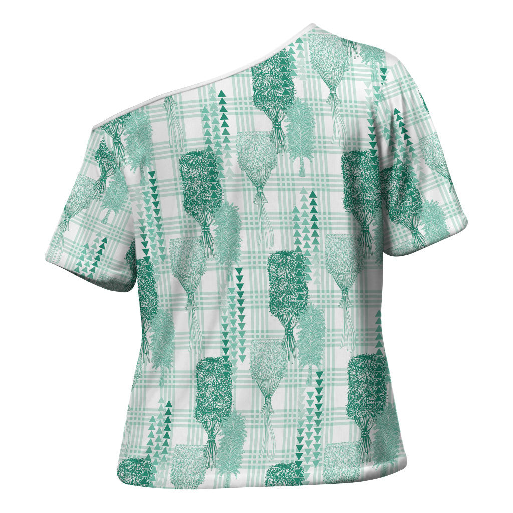 Aloha Hawaii Vintage Kahili Pa'a Lima Cross Shoulder Shirt Palaka Print Mossy Teal