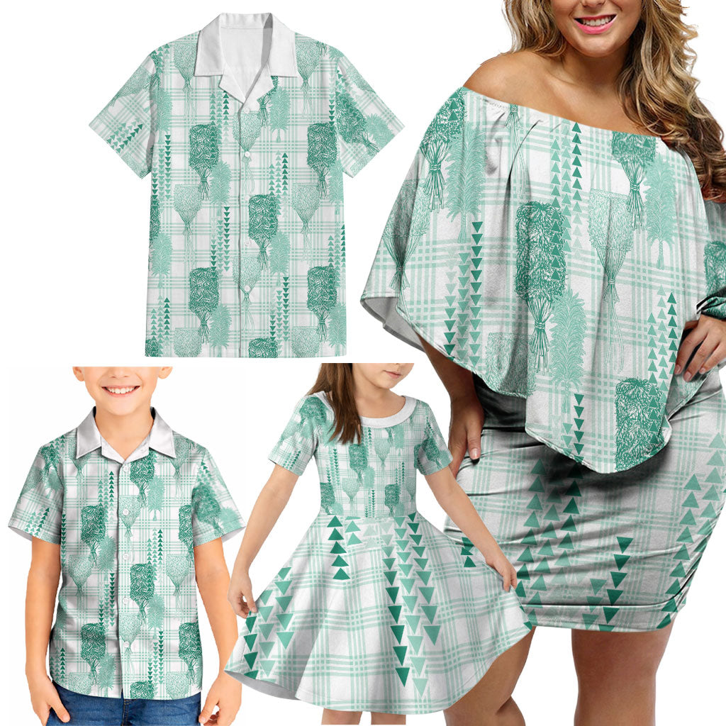 Aloha Hawaii Vintage Kahili Pa'a Lima Family Matching Off Shoulder Short Dress and Hawaiian Shirt Palaka Print Mossy Teal