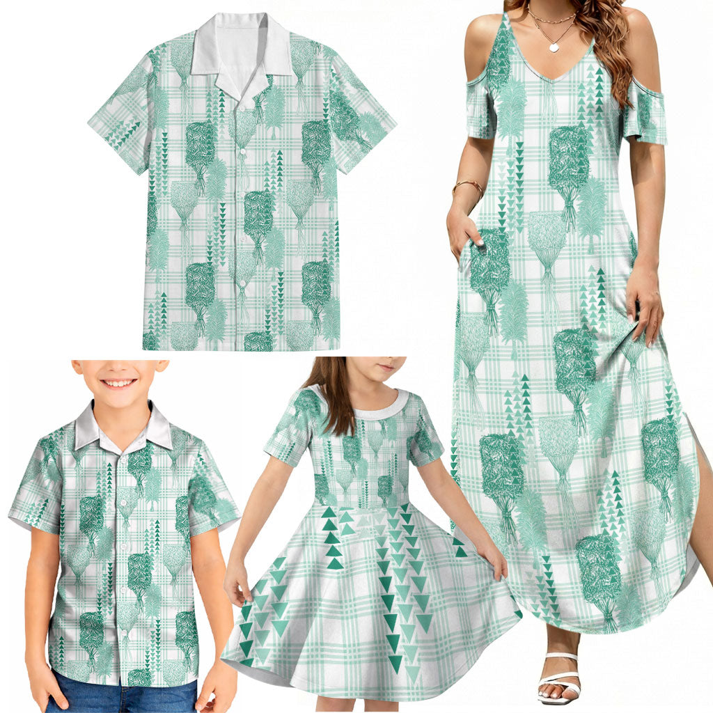 Aloha Hawaii Vintage Kahili Pa'a Lima Family Matching Summer Maxi Dress and Hawaiian Shirt Palaka Print Mossy Teal LT7 - Polynesian Pride