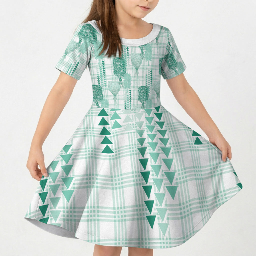 Aloha Hawaii Vintage Kahili Pa'a Lima Kid Short Sleeve Dress Palaka Print Mossy Teal
