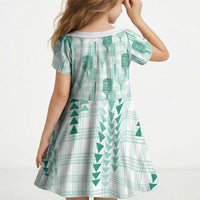 Aloha Hawaii Vintage Kahili Pa'a Lima Kid Short Sleeve Dress Palaka Print Mossy Teal