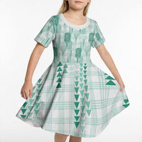Aloha Hawaii Vintage Kahili Pa'a Lima Kid Short Sleeve Dress Palaka Print Mossy Teal