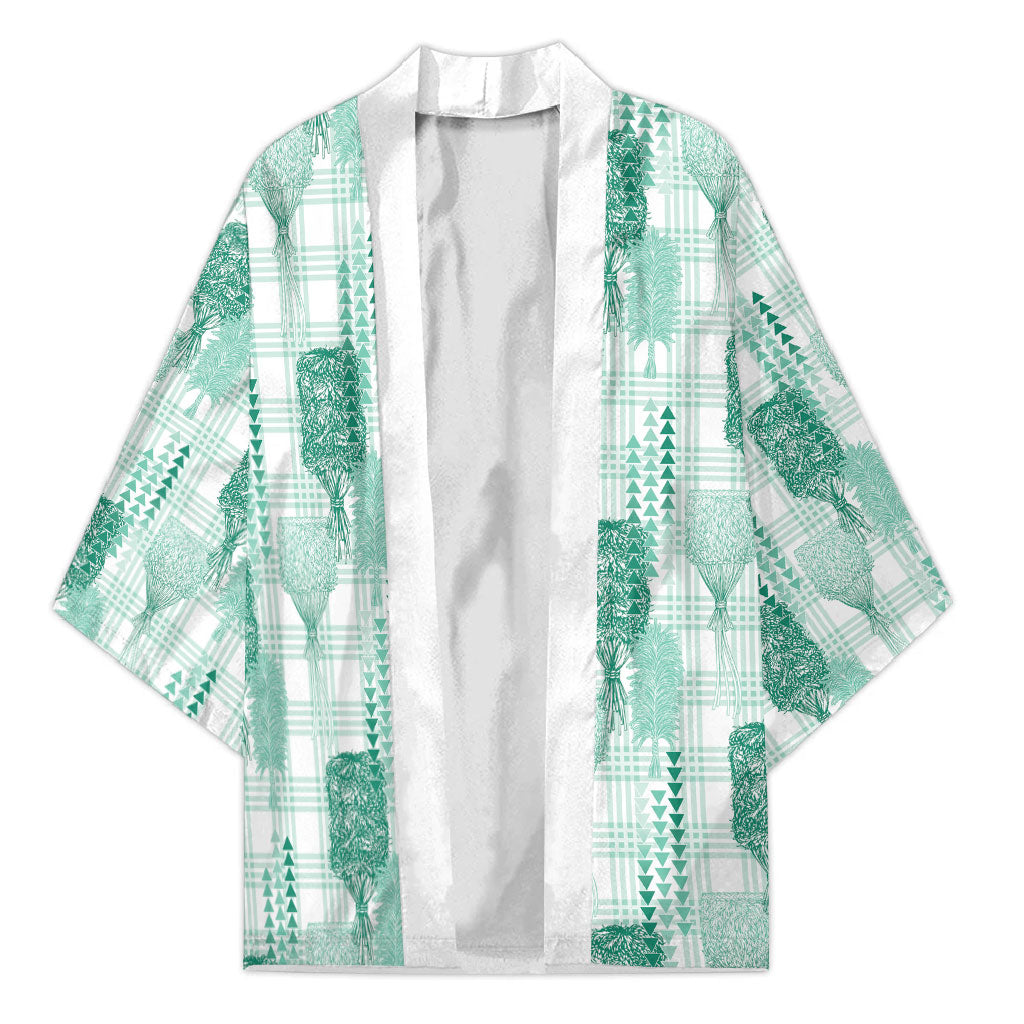 Aloha Hawaii Vintage Kahili Pa'a Lima Kimono Palaka Print Mossy Teal