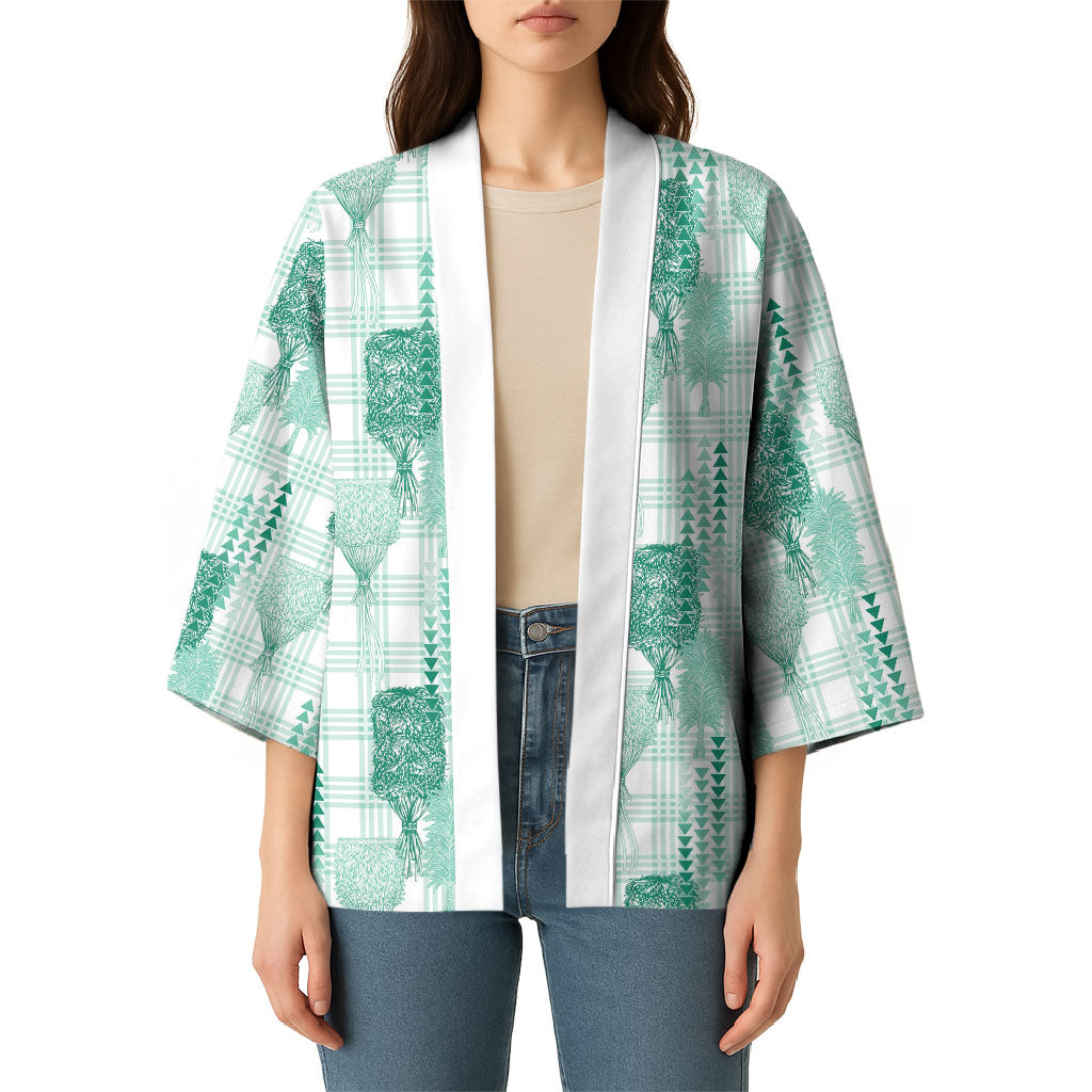 Aloha Hawaii Vintage Kahili Pa'a Lima Kimono Palaka Print Mossy Teal
