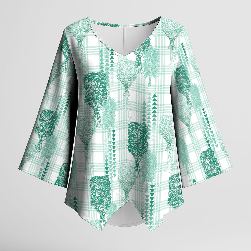 Aloha Hawaii Vintage Kahili Pa'a Lima Kimono Sleeve Blouse Palaka Print Mossy Teal