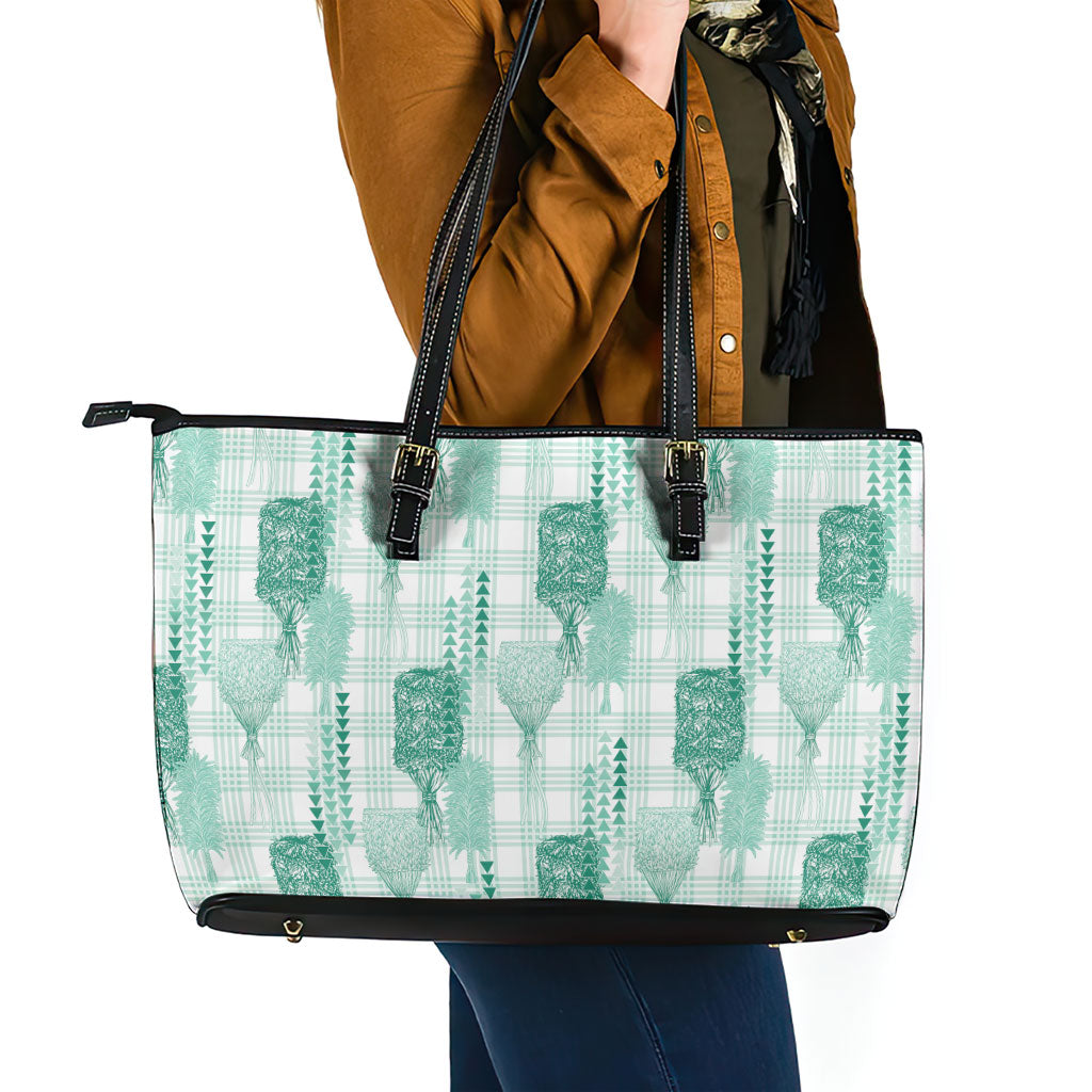 Aloha Hawaii Vintage Kahili Pa'a Lima Leather Tote Bag Palaka Print Mossy Teal