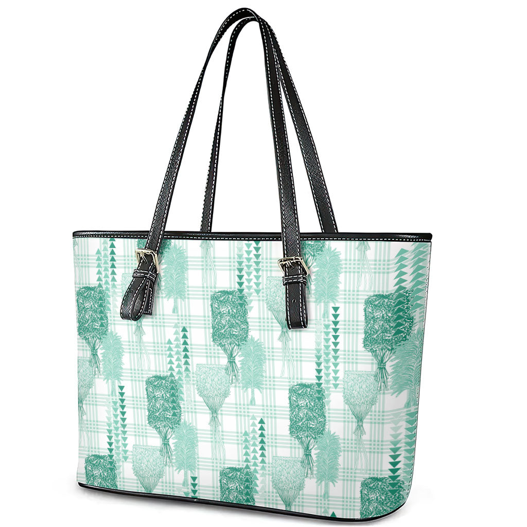 Aloha Hawaii Vintage Kahili Pa'a Lima Leather Tote Bag Palaka Print Mossy Teal