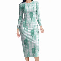 Aloha Hawaii Vintage Kahili Pa'a Lima Long Sleeve Bodycon Dress Palaka Print Mossy Teal