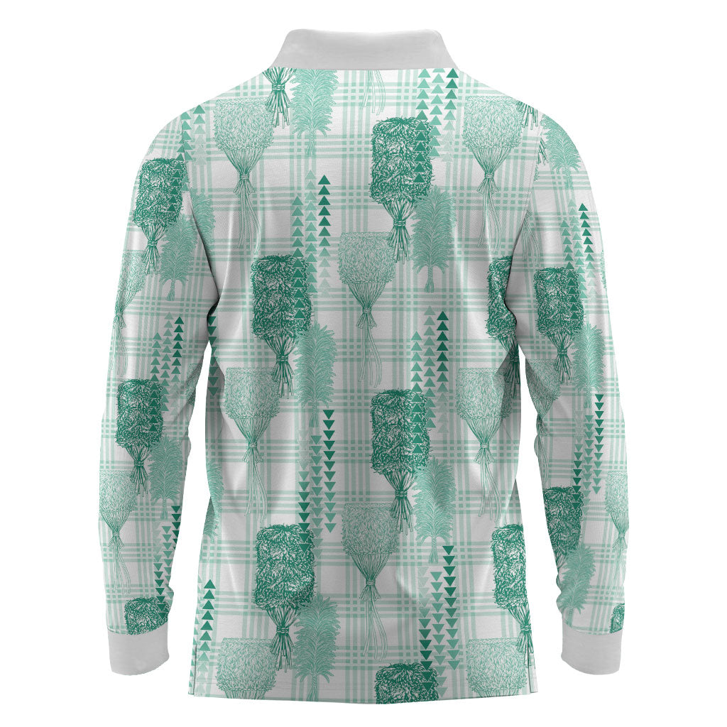 Aloha Hawaii Vintage Kahili Pa'a Lima Long Sleeve Polo Shirt Palaka Print Mossy Teal