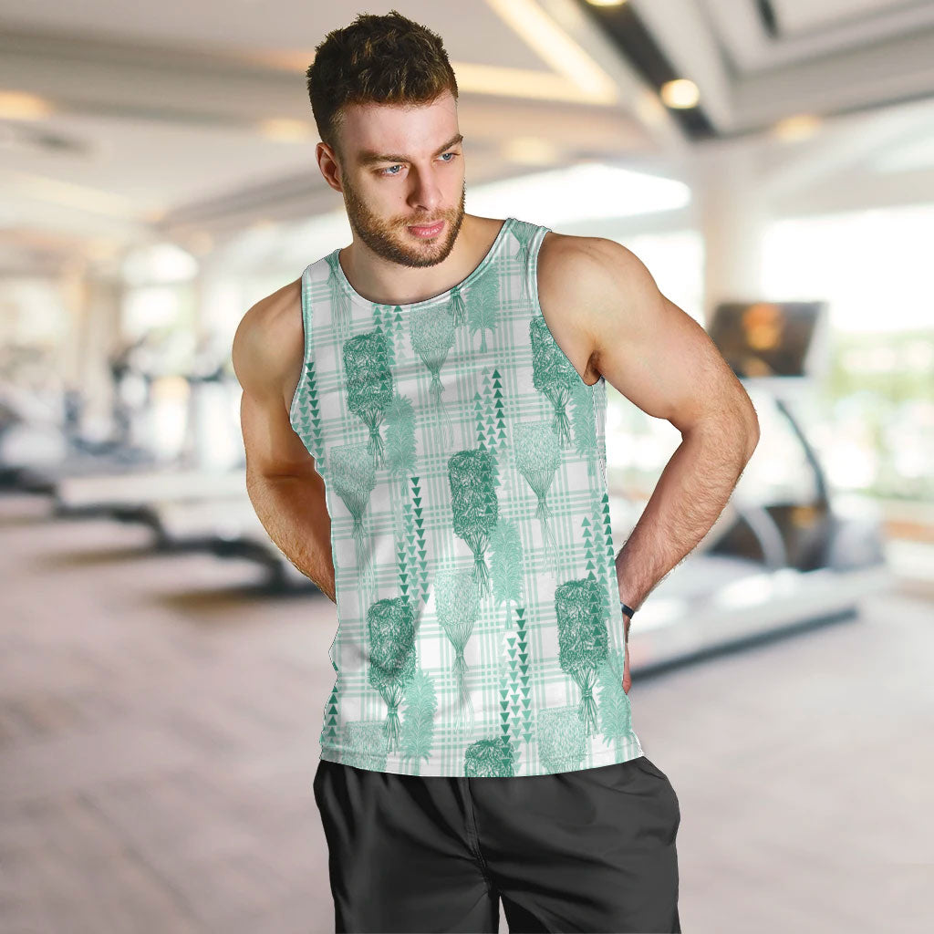 Aloha Hawaii Vintage Kahili Pa'a Lima Men Tank Top Palaka Print Mossy Teal