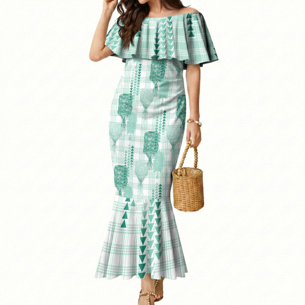 Aloha Hawaii Vintage Kahili Pa'a Lima Mermaid Dress Palaka Print Mossy Teal LT7 Women Mossy Teal - Polynesian Pride