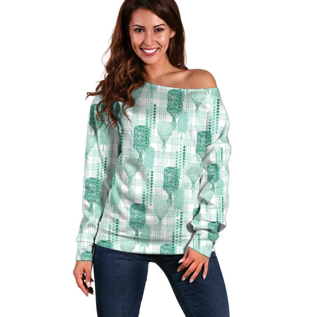 Aloha Hawaii Vintage Kahili Pa'a Lima Off Shoulder Sweater Palaka Print Mossy Teal