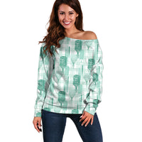 Aloha Hawaii Vintage Kahili Pa'a Lima Off Shoulder Sweater Palaka Print Mossy Teal
