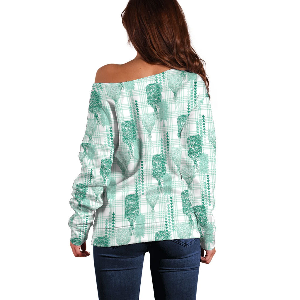 Aloha Hawaii Vintage Kahili Pa'a Lima Off Shoulder Sweater Palaka Print Mossy Teal