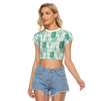 Aloha Hawaii Vintage Kahili Pa'a Lima Raglan Cropped T Shirt Palaka Print Mossy Teal